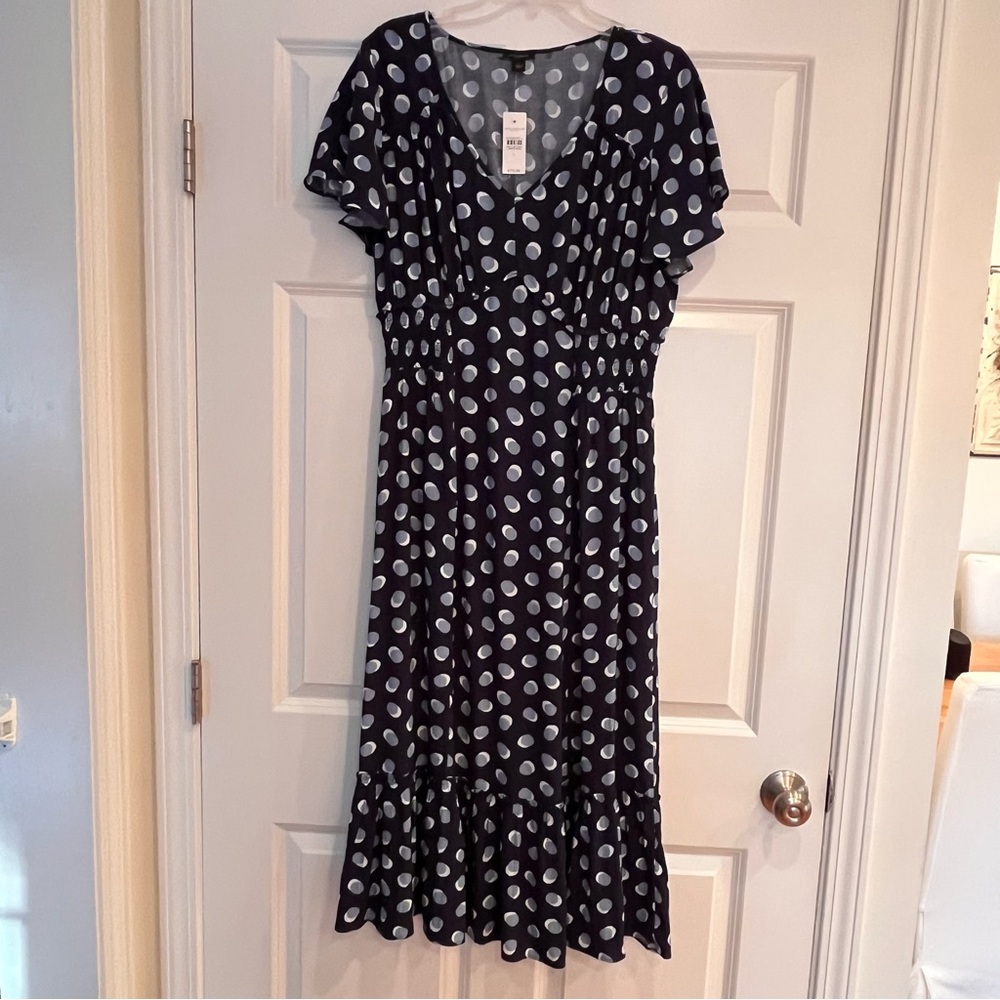 NWT ANN TAYLOR Midi Dress Large V-Neck Blue White Polka Dot Ruffle Flutter Sleev